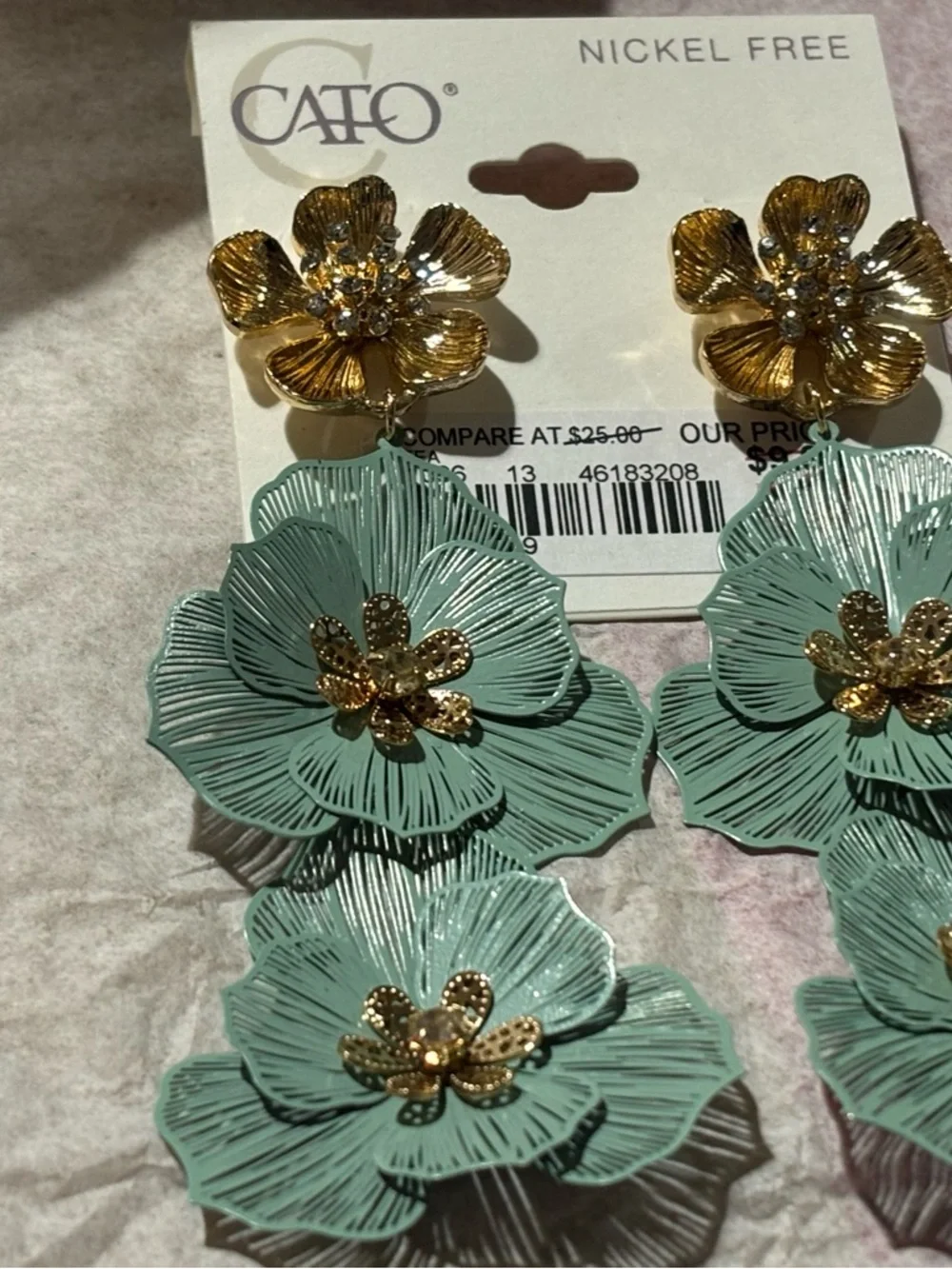 Cato Mint Green and Gold Layered Floral Drop Earrings - Picture 6 of 6